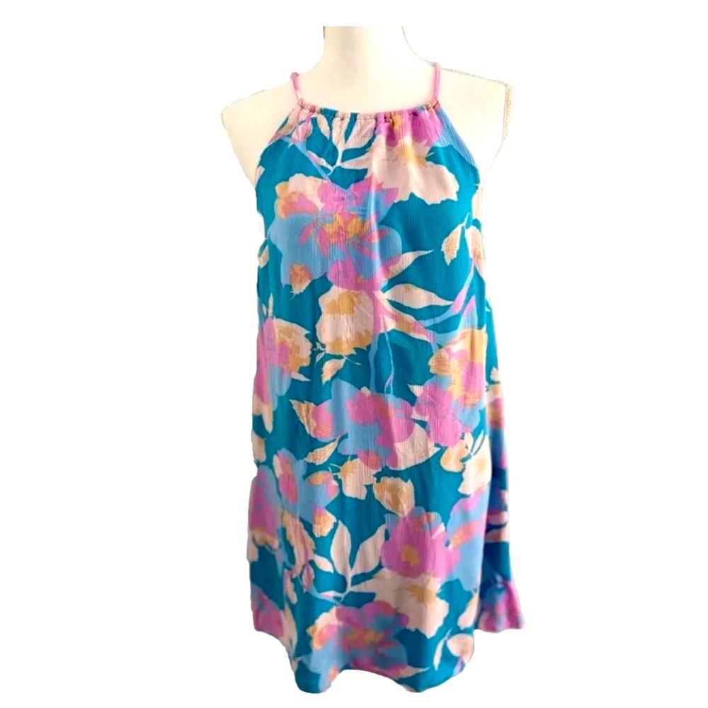 Floral Blue and Pink halter mini dress size s tropical beachy 100% rayon